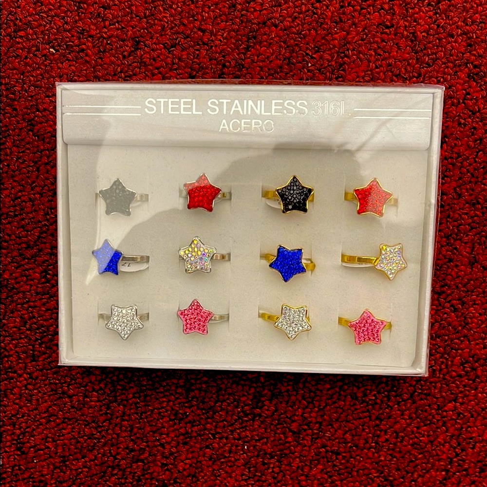 Fashion Jewelry Star Rings Set - Red, Blue, Black, Pink, Silver